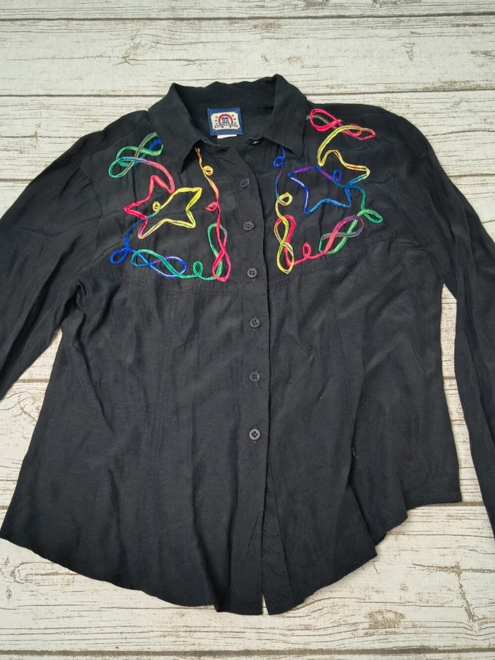 Vintage Western Blouse Black Ribbon Embroidery Couching Long Sleeve Size Large